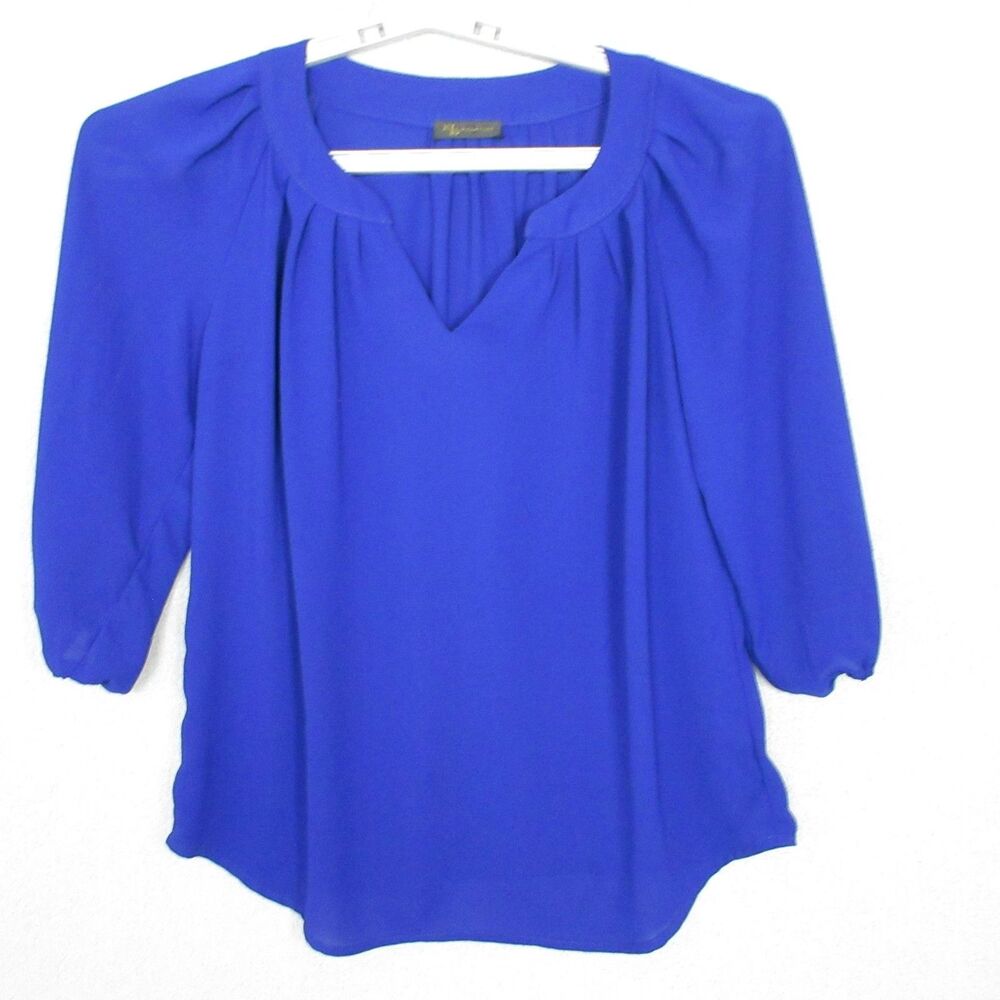 KLD Signature Blouse Women S Royal Blue 3/4 Sleeve V Neck Pleated Tunic